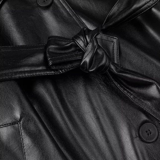 2 Colorway Long Sleeve Sashes Notched Collar Double Breasted Casual Fashion Leather Long Trench Coat for Women