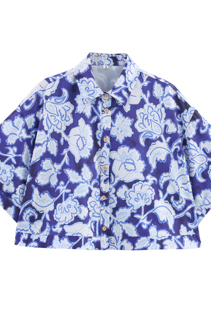 Floral Print Blue Color Buttons up Short Sleeve Casual Fashion Tops Blouse for Women