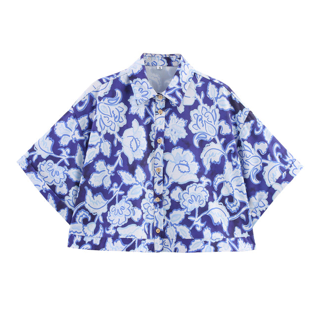 Floral Print Blue Color Buttons up Short Sleeve Casual Fashion Tops Blouse for Women