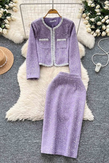 Fashion 2025 Beading Round Neck Sequins Long Sleeve Jacket Slim Skirt Women Two Piece Set