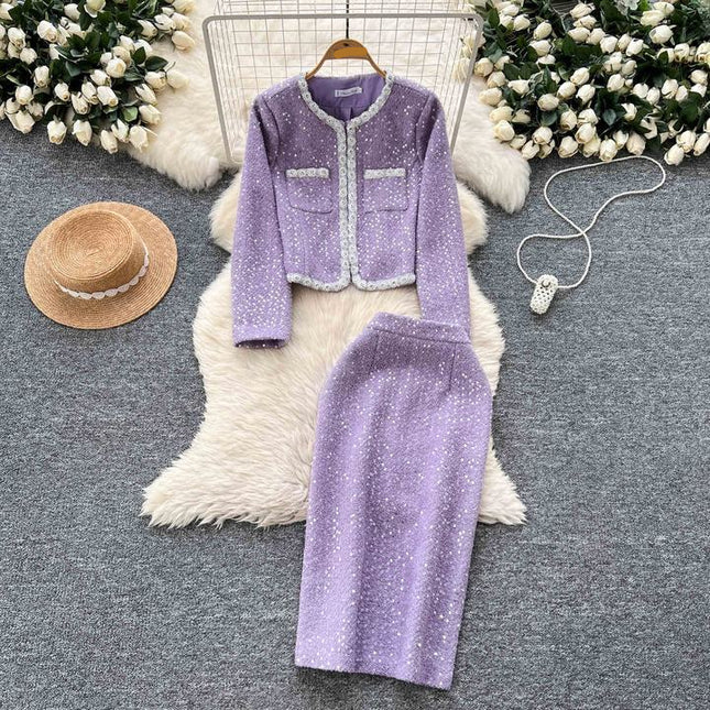 Fashion 2025 Beading Round Neck Sequins Long Sleeve Jacket Slim Skirt Women Two Piece Set