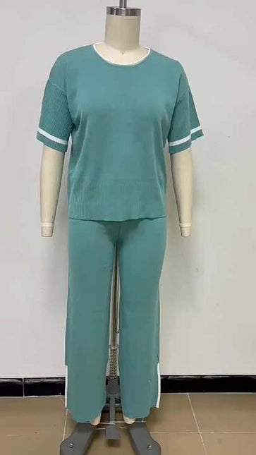 Women's New Fashion Casual Suit Color Contrast Short Sleeve Wide Leg Pants Long Pants Slit Two-piece Set