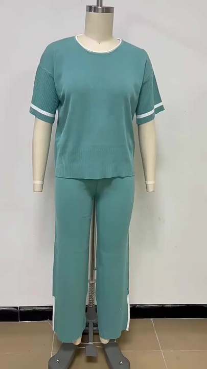 Women's New Fashion Casual Suit Color Contrast Short Sleeve Wide Leg Pants Long Pants Slit Two-piece Set