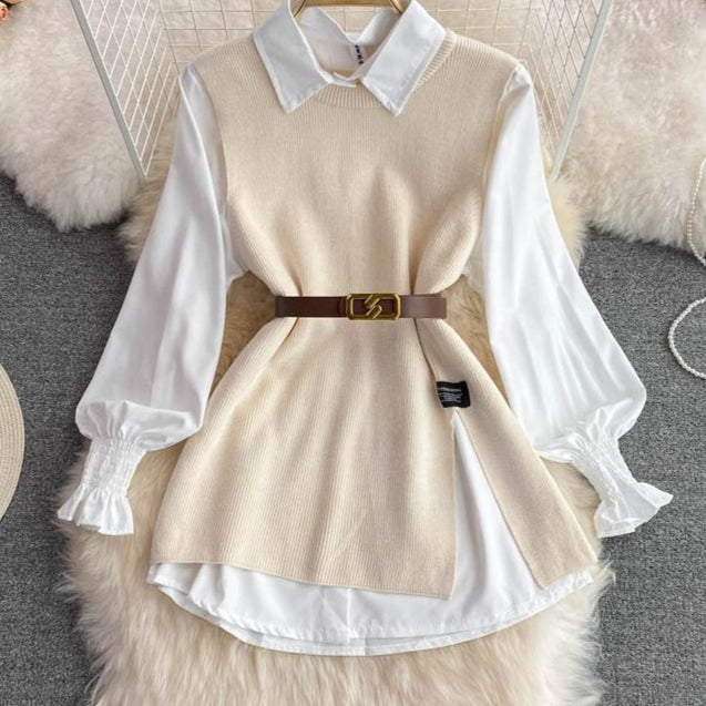 Spring Fall New Shirt Tops Female Design Sense Slit Knit Undershirt Blouse Two Piece