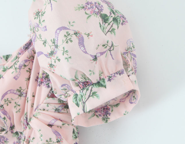 Square Collar pink Color Floral Print Short Sleeve Casual Fashion Summer Long Dress for Women