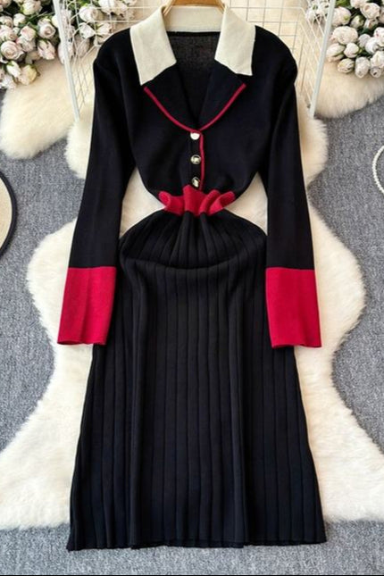 French Retro Color Collision Lapel Knit Dress Women'S New Long Sweater Dress in Autumn Winter