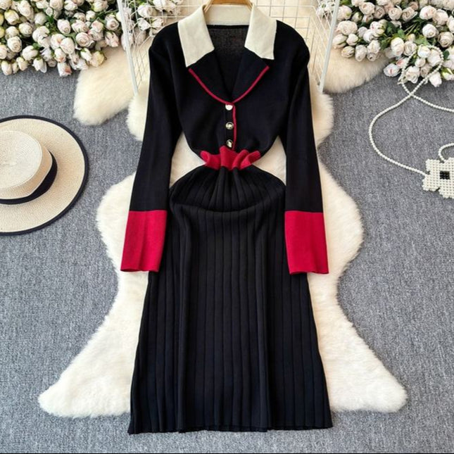 French Retro Color Collision Lapel Knit Dress Women'S New Long Sweater Dress in Autumn Winter