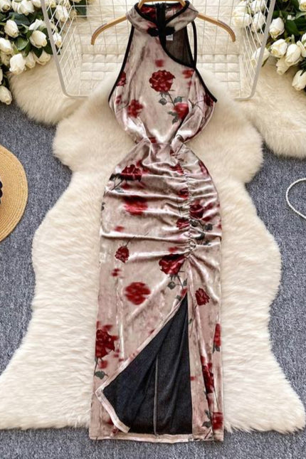 Vintage New Design Hollow-out Sleeveless Printed Velvet Waist Slit Dress