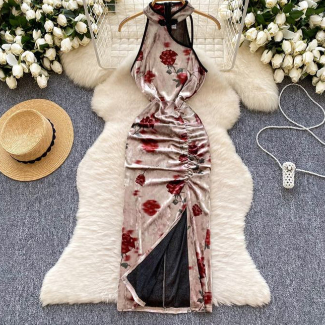 Vintage New Design Hollow-out Sleeveless Printed Velvet Waist Slit Dress