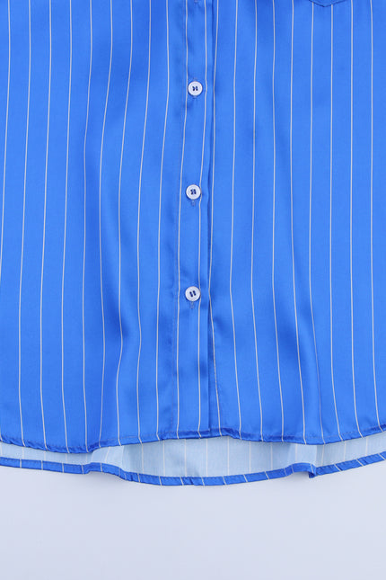 Turn Down Collar Blue Color Striped Print Long Sleeve Buttons up Casual Fashion Tops Blouse for Women