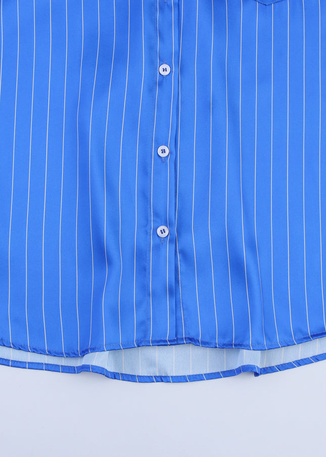 Turn Down Collar Blue Color Striped Print Long Sleeve Buttons up Casual Fashion Tops Blouse for Women