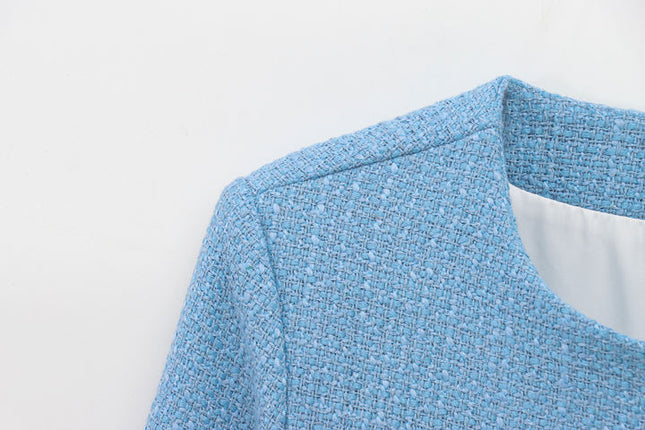 4 Colorway Crew Neck Solid Color Single Breasted Long Sleeve Casual Fashion Tweed Jacket for Women