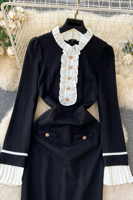 Contrast Panel Dress Slim Fit Black Mid Length Dress