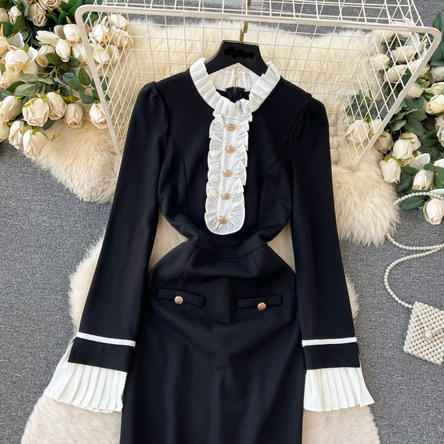Contrast Panel Dress Slim Fit Black Mid Length Dress