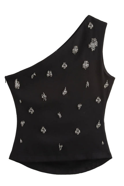 Black Color Asymmetrical Design Beading Sleeveless Casual Fashion tank Top for Women