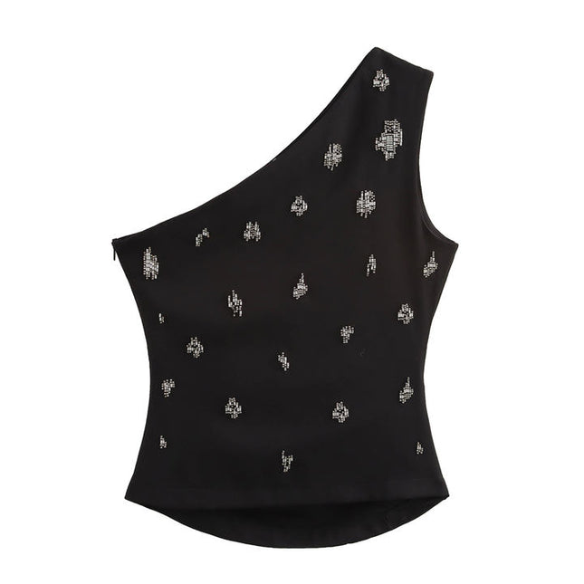 Black Color Asymmetrical Design Beading Sleeveless Casual Fashion tank Top for Women