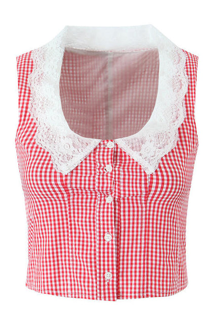 Buttons up Plaid Print Red Color Buttons up Sleeveless Casual Fashion Women's tank Top