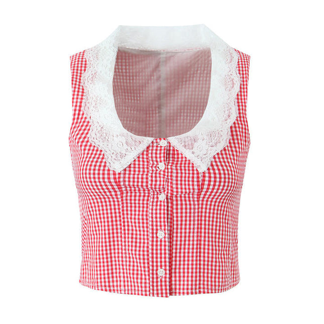 Buttons up Plaid Print Red Color Buttons up Sleeveless Casual Fashion Women's tank Top