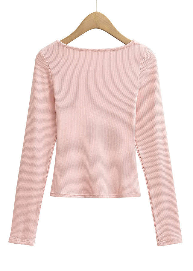 3 Colorway Solid Color Long Sleeve Knitted Crew Neck Casual Fashion Women t Shirt