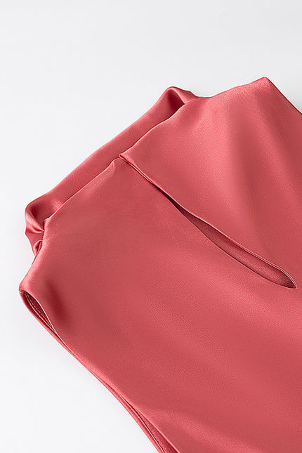 Red Color Sleeveless Crew Neck Hot Sale Casual Fashion Satin Long Dress for Women