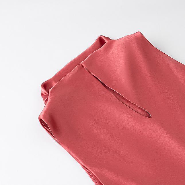 Red Color Sleeveless Crew Neck Hot Sale Casual Fashion Satin Long Dress for Women