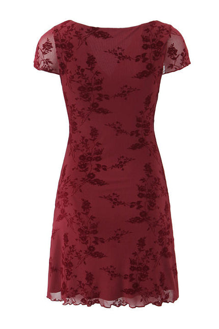 Square Collar Short Sleeve Burgundy Color Front Lace up Casual Fashion Summer Mini Dress for Women
