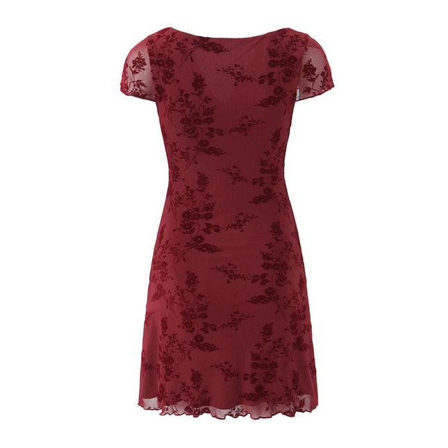 Square Collar Short Sleeve Burgundy Color Front Lace up Casual Fashion Summer Mini Dress for Women