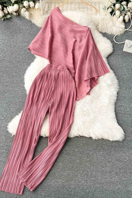Summer New Irregular Loose Shirt Pleated High Waist Wide Leg Long Pants Women's Set