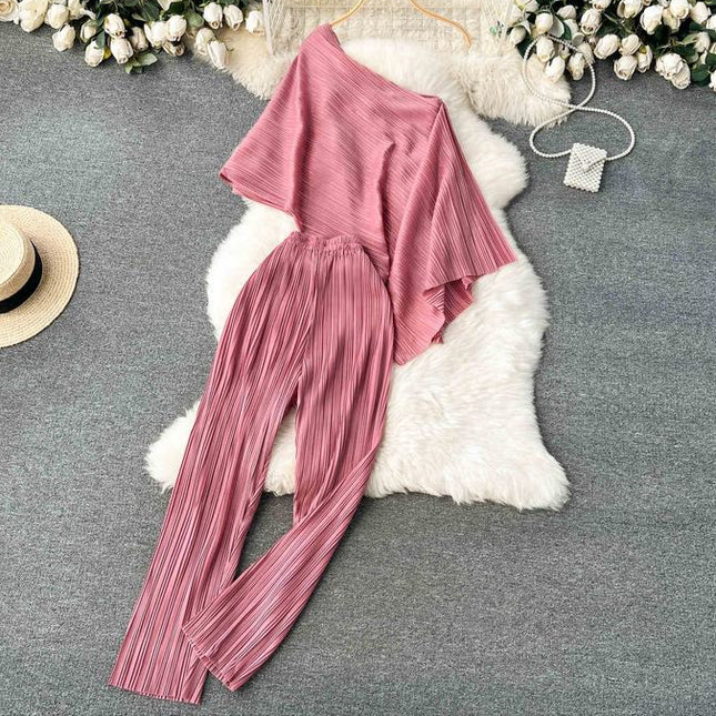 Summer New Irregular Loose Shirt Pleated High Waist Wide Leg Long Pants Women's Set