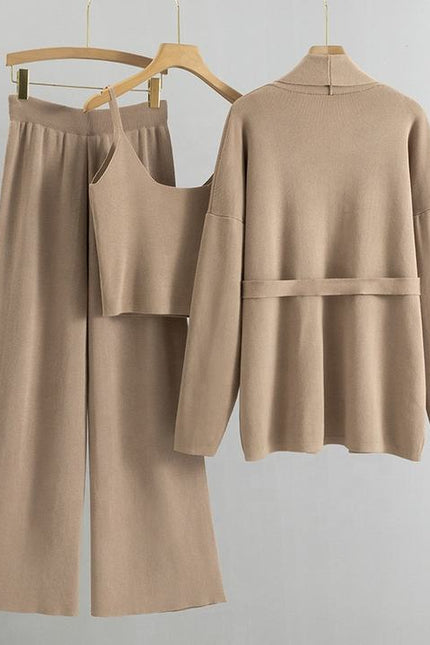 Loose Casual Fashion Suit Women'S Fall and Winter Knitted Cardigan Jacket Suspenders Wide Leg Pants Three-Piece Set