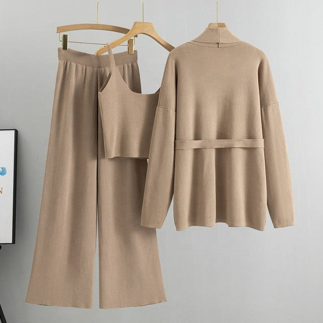 Loose Casual Fashion Suit Women'S Fall and Winter Knitted Cardigan Jacket Suspenders Wide Leg Pants Three-Piece Set
