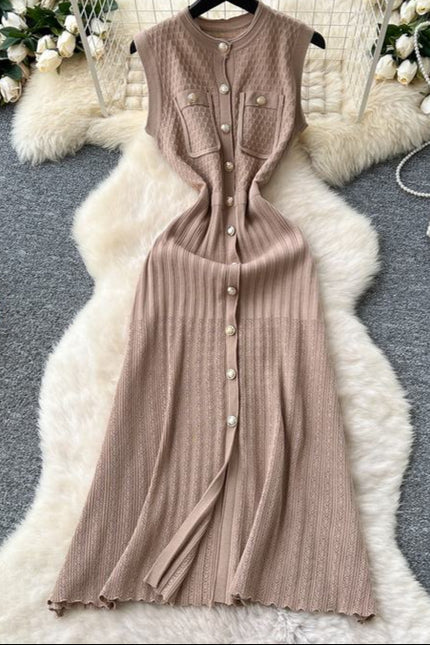 Round Neck Sleeveless Metal Buckle Slim Fit and Slimming Knitted Dress for Women Summer New Style
