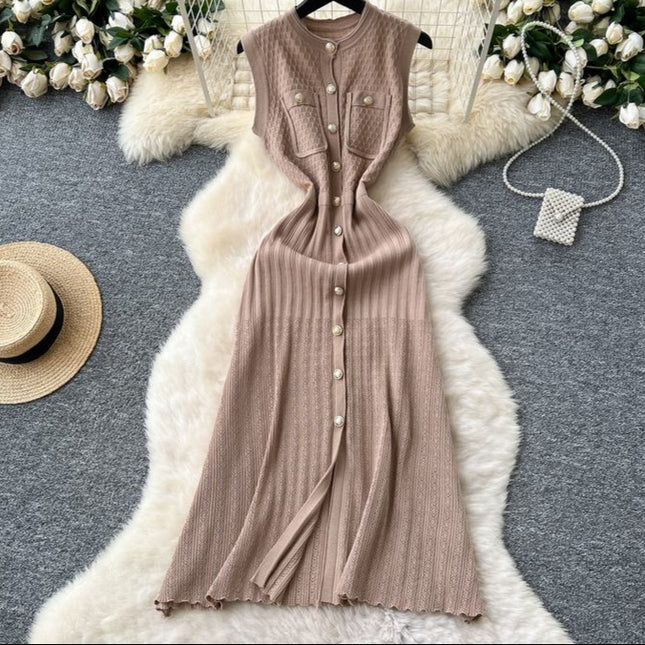 Round Neck Sleeveless Metal Buckle Slim Fit and Slimming Knitted Dress for Women Summer New Style