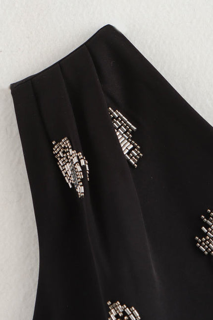 Black Color Asymmetrical Design Beading Sleeveless Casual Fashion tank Top for Women