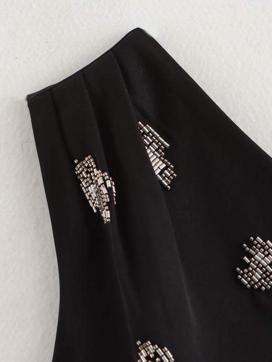 Black Color Asymmetrical Design Beading Sleeveless Casual Fashion tank Top for Women