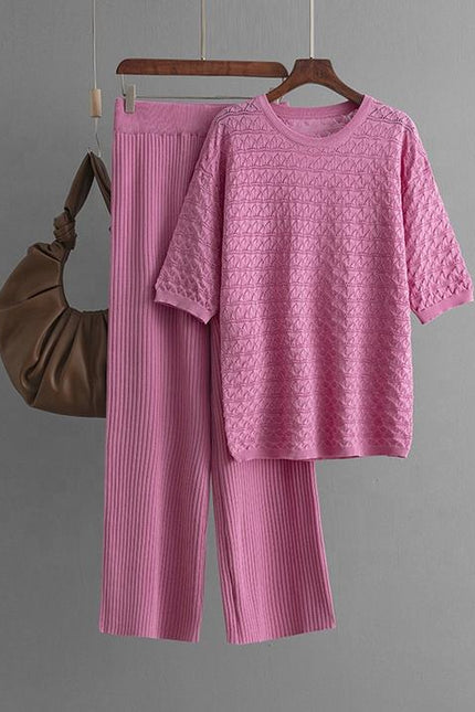 Summer New Solid Color Hollow Casual Round Neck Fashion Suit Short Sleeve Trousers Knit Two-piece Set