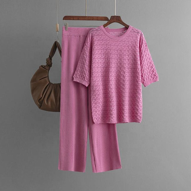 Summer New Solid Color Hollow Casual Round Neck Fashion Suit Short Sleeve Trousers Knit Two-piece Set