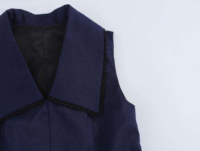 Turn Down Collar Navy Color Sleeveless Casual Fashion Summer Mini Dress for Women