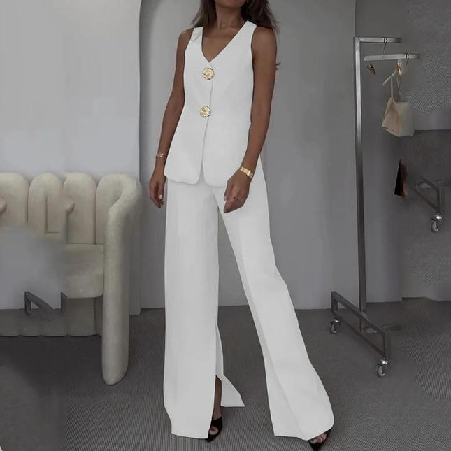 Autumn New Fashion Casual Women'S Buttoned Undershirt Undershirt Slit Pants Two Piece Set