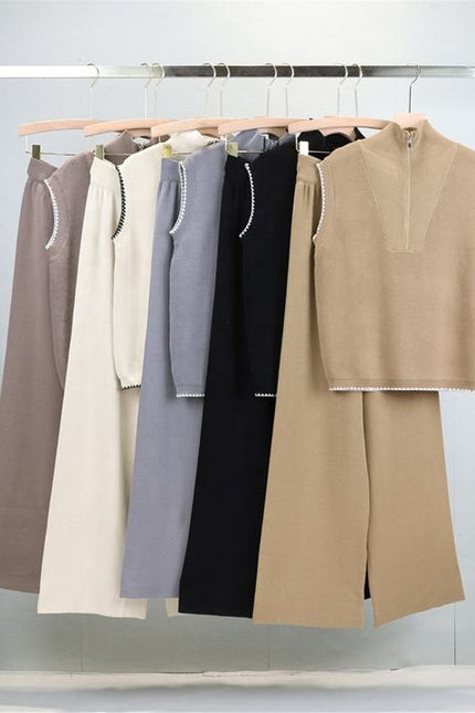 Zipper Sleeveless Knitted Vest Set for Women, Slimming and Wide Leg Pants Two-piece Set Trendy