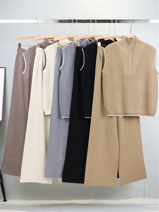 Zipper Sleeveless Knitted Vest Set for Women, Slimming and Wide Leg Pants Two-piece Set Trendy