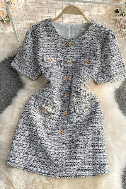Summer Korean Version of the Round Neck Single-Breasted Elegant Short Sleeve Mini Dresses