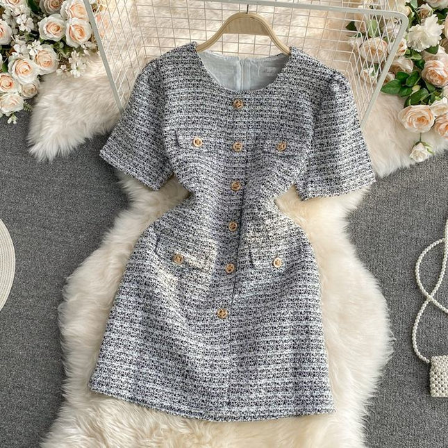Summer Korean Version of the Round Neck Single-Breasted Elegant Short Sleeve Mini Dresses