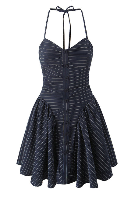 Navy Color Striped Print Buttons up Casual Fashion Mini Halter Dress for Ladies