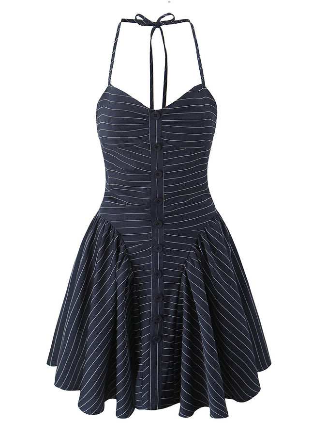 Navy Color Striped Print Buttons up Casual Fashion Mini Halter Dress for Ladies