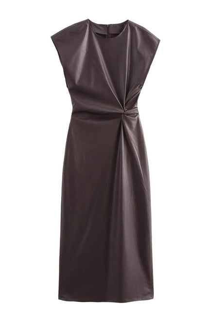 Crew Neck Front Pleated Brown Color Zipper Fly Sleeveless Casual Fashion PU Leather Maxi Dress for Women