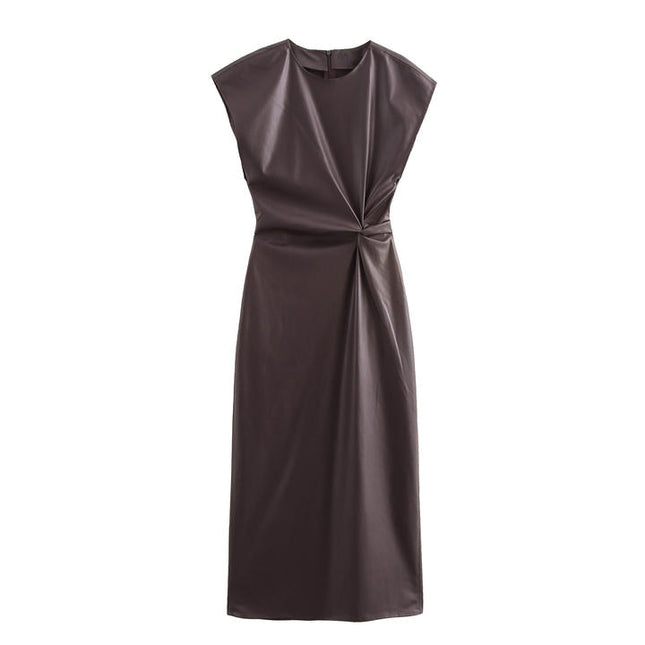 Crew Neck Front Pleated Brown Color Zipper Fly Sleeveless Casual Fashion PU Leather Maxi Dress for Women