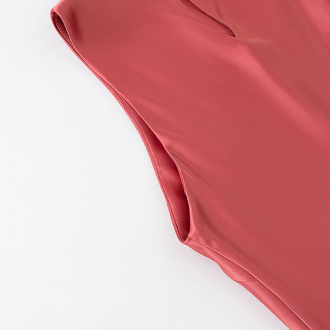 Red Color Sleeveless Crew Neck Hot Sale Casual Fashion Satin Long Dress for Women