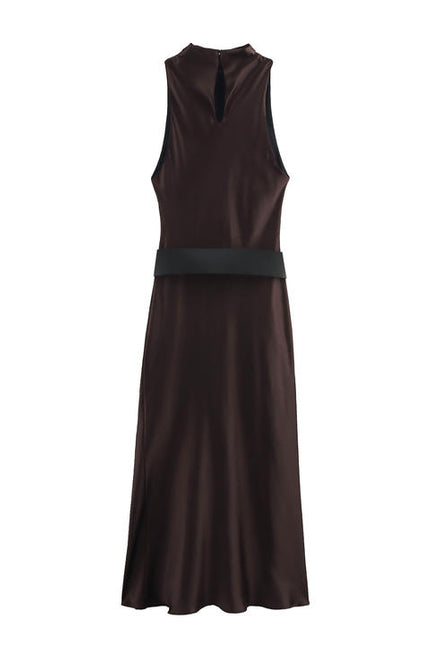 Crew Neck Sashes Brown Color Sleeveless Casual Fashion Maxi Summer Dress for Women