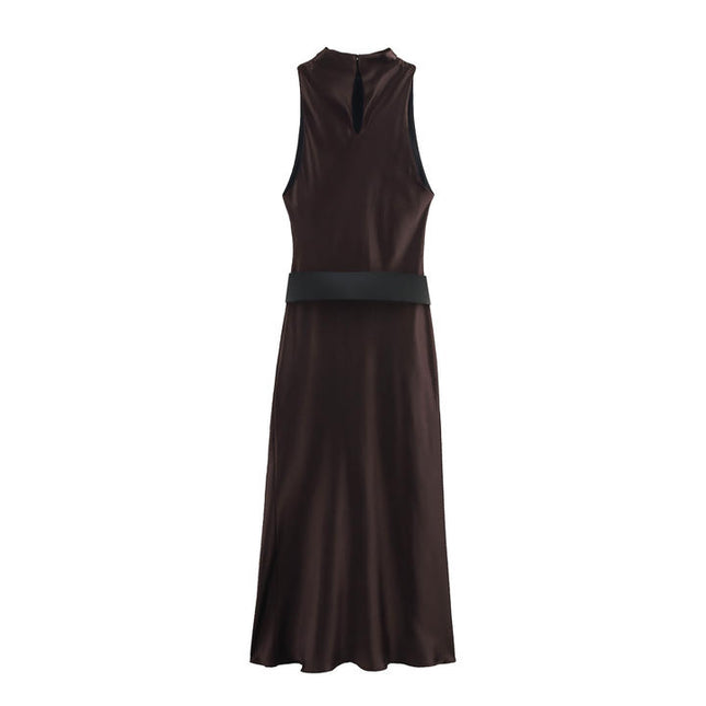 Crew Neck Sashes Brown Color Sleeveless Casual Fashion Maxi Summer Dress for Women